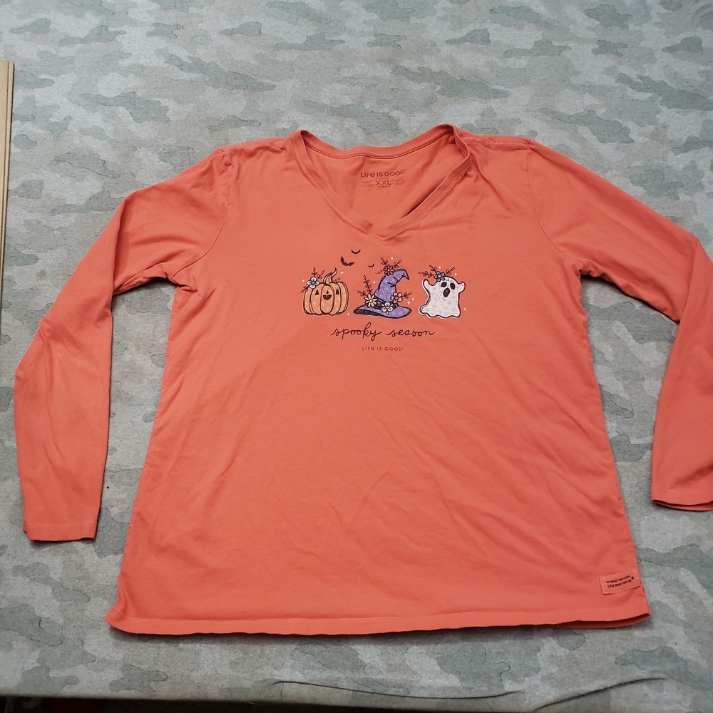 Life is Good Top Womens 2XL Orange Halloween Crusher V-Neck Long Sleeve